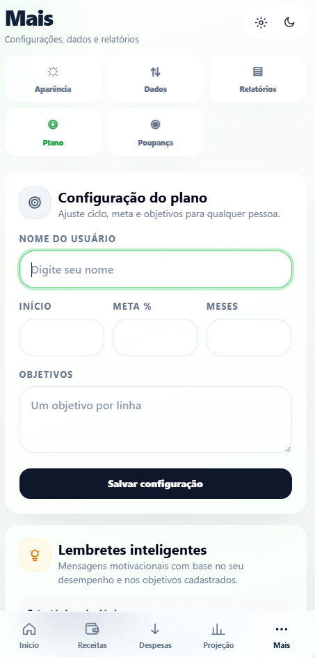 Tela de configuração do plano no SuperÁvit